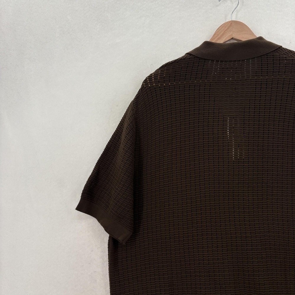 DKNY Crochet Cotton Knit Polo Sweater Mens L Brown Button Front Short Sleeve NWT - Picture 11 of 13